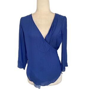 Zara New 2121/364/420 Solid Blue Wrap Long Sleeve V Neck Top Small
